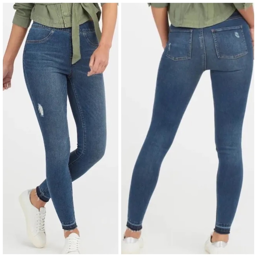 Spanx Pull Up Distressed Ankle Skinny Raw Hem Denim Legging Jeans Large